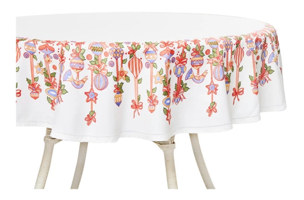 Скатерть круглая Mix&Match Home Новогодние игрушки 168 см, хлопок, белая с принтом