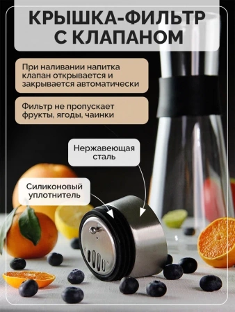 Кувшин-графин для воды, коктейлей, чая и других напитков, 1000 мл
