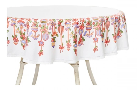 Скатерть овальная Mix&Match Home Новогодние игрушки 168х250 см, хлопок, белая с принтом, без мережки